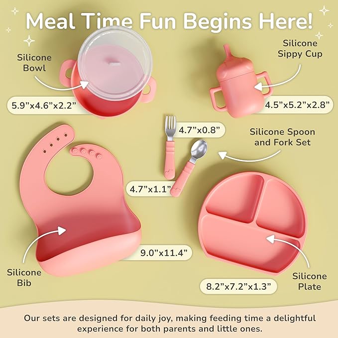 mimi & kiki BPA-Free Silicone Baby Feeding Set, Baby Plates and Bowls Set, Baby Led Weaning Supplies, Silicone Suction Plate, Baby Utensils, Bib and Cup, Self Feeding, Dishwasher Safe (Pink)