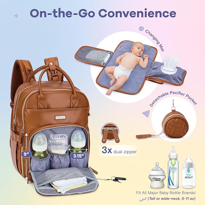RUVALINO Diaper Bag Backpack, Multifunction Travel Pack Maternity Baby Changing Bags, Large Capacity, Waterproof, Brown