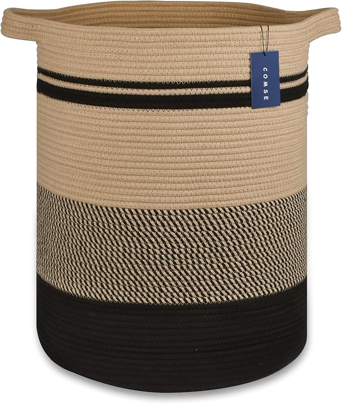 COMSE Extra Large Blanket Basket, Tall Laundry Basket, Nursery Hamper, 15.7”x 21.7”, Cotton Rope Woven Laundry Hamper for Storage Toys Clothes Towels, Brown/Black