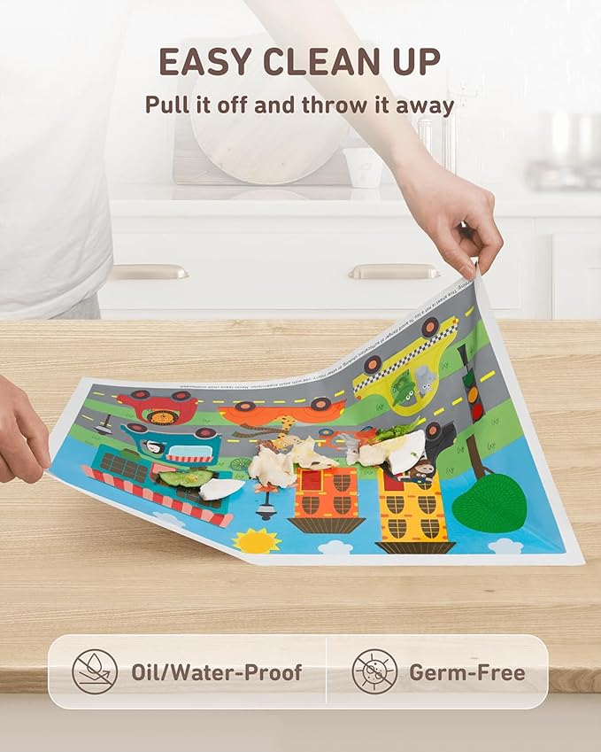 Disposable Stick-on Placemats 40 Pack for Baby & Kids, Toddler Placemats in Reusable Pouch 12" x 18" (Multicolor Animals Driving Cars)