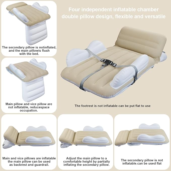 Inflatable-Toddler-Travel-Bed for Airplane Car Seat Portable Foldable Infant Travel Bed Baby Travel Crib with Sides,Hand Pump Safety Belt and Carry Bag Sets (Beige)