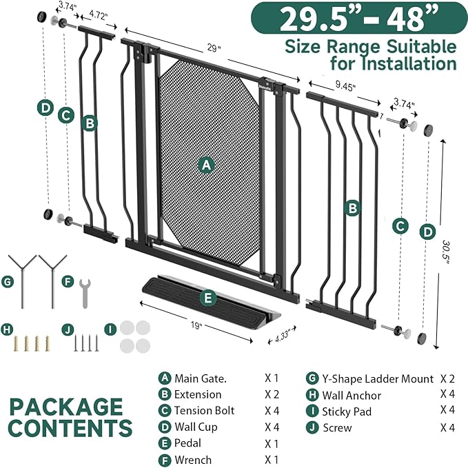 29.5"-48" Metal Mesh Baby Gate for Stairs & Doorways - Easy Install 30.5" Tall, Auto Close, Pressure Mounted, No Drilling - Stylish Safety Gate for Pets, Child Gate for Kids, Black
