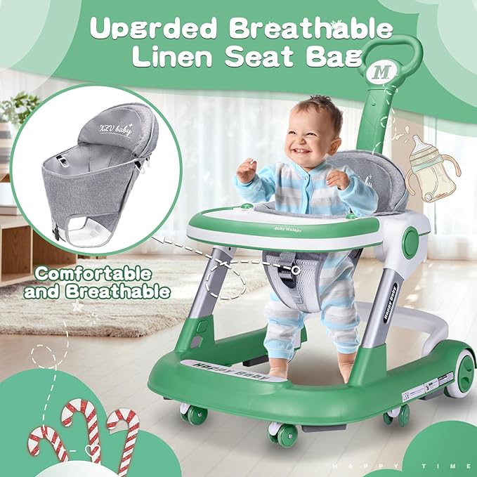 Baby Walker with Wheels 5 in 1 Foldable Activity Center with Mute Wheels Adjustable Heights Anti-Fall Push Walkers for Boys Girls Safe Infant Toddler Walker with Footrest for 6-24 Months