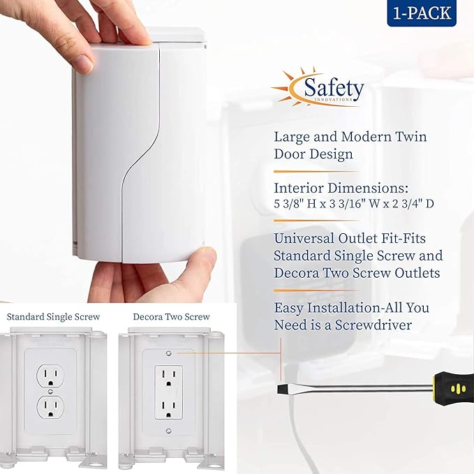 Safety Innovations Twin Door Baby Safety Outlet Cover Box for Babyproofing Outlets - More Interior Space for Extra Large Electrical Plugs and Adapters - Easy to Install - Easy to Use, (1-Pack)