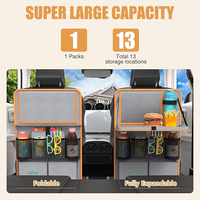 Car Backseat Organizer with Tablet Holder,11 Storage Pockets with Foldable Food Tray, Protector Kick Mats for Kids, Travel Accessories Organizer (Orange, 1Pack)