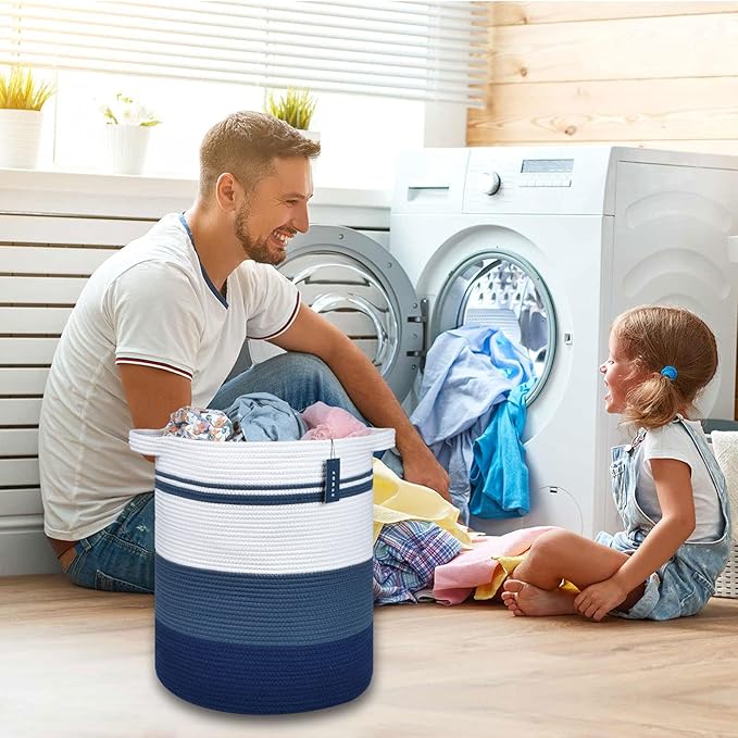 COMSE Extra Large Blanket Basket, Tall Laundry Basket, Nursery Hamper, 15.7”x 21.7”, Cotton Rope Woven Laundry Hamper for Storage Toys Clothes Towels, Gradient Blue