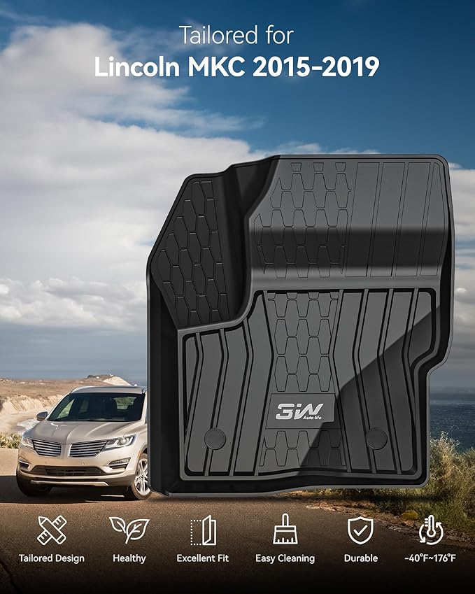 3W Floor Mats Compatible for Lincoln MKC 2015-2019, TPE All Weather Floor Liner Custom Fit 1st and 2nd Rows Full Set Car Liners - Black