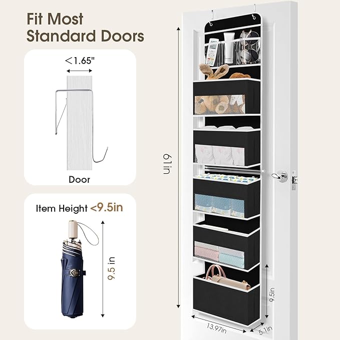 6-Tier Over The Door Organizer Hanging Storage Organizers with Clear Window 40lb Large Capacity Room Organizer for Pantry Bathroom Nursery Closet(Black)