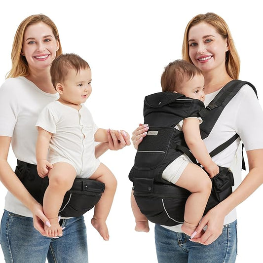 2-in-1 Baby Carrier Hip Seat - Front Back Hip Carry - Ergonomic M Seat Posture - Breathable Mesh - Newborn to Toddler 5-45 lbs (Black)