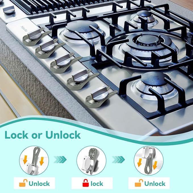 Stove Stoppaz Gas Stove Knob Locks Protecting Kids and Pets; Oven Knob Covers for Child Safety (5 Pack, Grey)