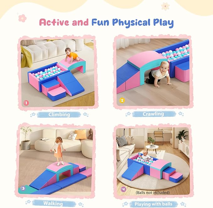 Lischwert Foam Climbing Blocks for Toddlers, Soft Play Ball Pit, Baby Climbing Blocks Soft Play Climbing for Toddlers with Foldable Block and Tunnel Indoor Climbing Toys for Toddler 1-3