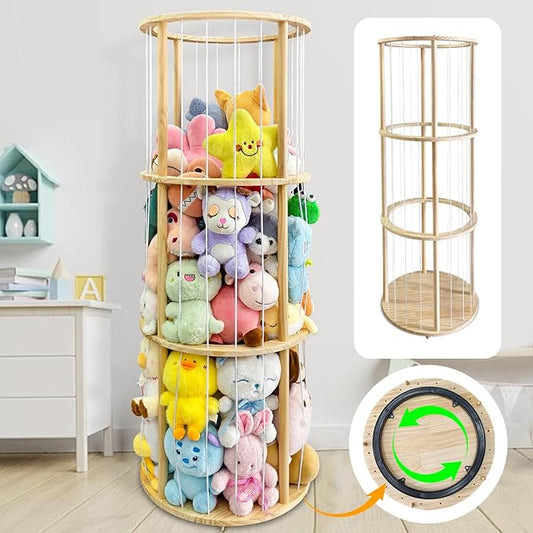 Rotatable Wooden Stuffed Animal Storage with Turntable and Elastic Band, Extra Large Capacity Plush Toy Cage, Wooden Cute Zoo Toy Holder for Toddler Rooms, Playrooms & Bedrooms