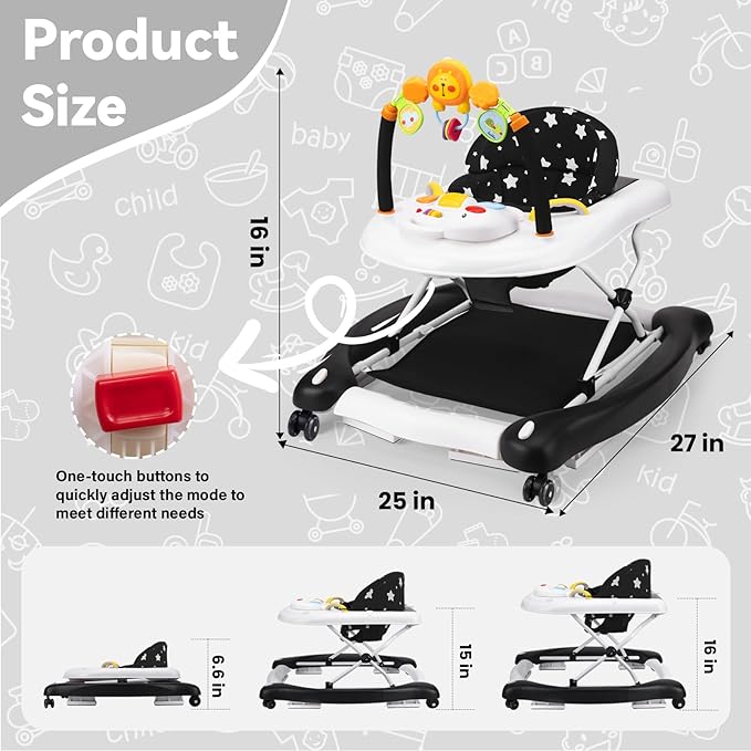 Baby Walker, 5 in 1 Baby Walkers for Boys Girls 6-12 Months, Foldable Walkers for Babies with Bouncer & Feeding Tray, Music, Adjustable Heights, Activity Walker for Infant