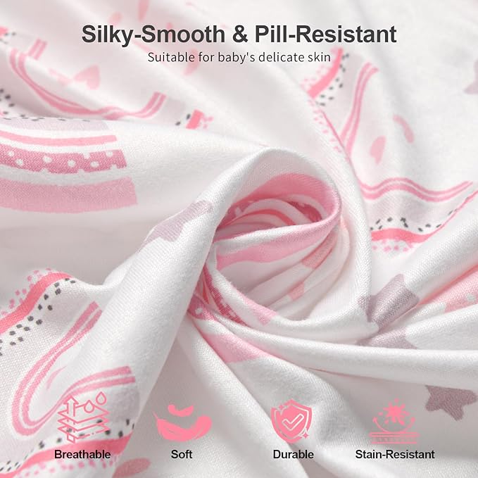 Pack N Play Sheets Fitted, 2-Pack Fit for Standard Pack N Play Mattress, Mini Crib Sheets,Breathable Soft Unisex Playard Sheets (Pink Rainbow & Pink)