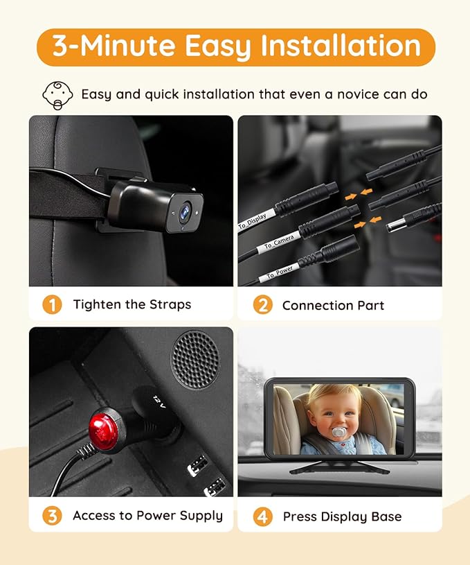 BC1 Baby Car Camera, 4.5" 1080P HD Screen & 3X Zoom, IR Night Vision Car Baby Monitor with Adjustable Brightness, Easy Install Car Seat Camera for Babies & Pets to Drive Safely