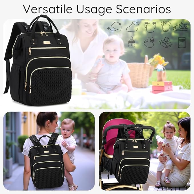 AIJIEKE Diaper Bag, Large Wide-Open Baby Diaper Backpack, Multi-functional Baby Travel Tote Bag, Diaper Bag with Changing Pad, Diaper Bags for Mom & Maternity (Black)