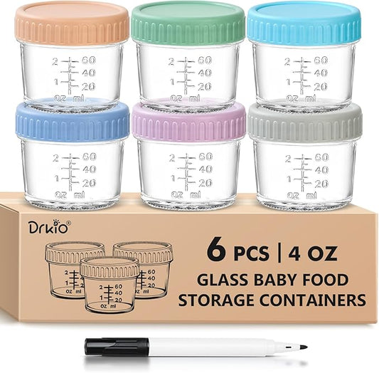 DRKIO 6 Pack Glass Baby Food Storage Containers - 4 Oz Baby Food Jars with Lids Baby Food Maker Microwave Dishwasher Freezer Safe 100% Leak Proof BPA Free Reusable