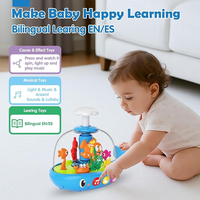 DUPHLAGT Baby Toys 6-12 Months - Toys for 1 Year Old Boy Girl Birthday Gift Press & Spin Aquarium Musical Light Up Infant Toys 12-18 Months - Bilingual Learning Toy for 1 2 Year Old (Blue)