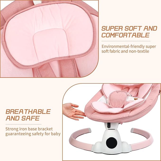 Baby Swing for Infants, Portable Electric Baby Swings with Bluetooth, 5 Swing Speed, 10 Lullabies, 5-Point Harness, Remote Control & Touch Panel - Infant Swing for Indoor & Outdoor Use, Pink
