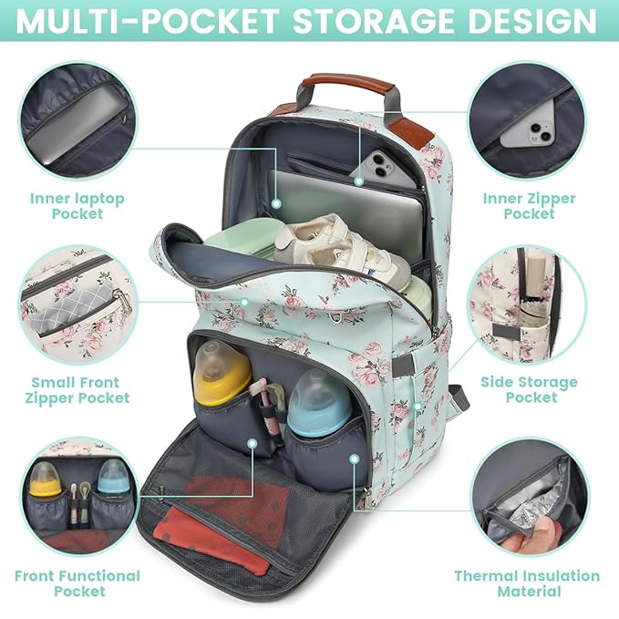 Diaper Bag Backpack, Large Baby Nappy Bags with Portable Changing Pad for Boys and GirlsMultifunction Travel Baby Bag for Moms Dads, Shower Gifts Waterproof and Stylish，Flower Green