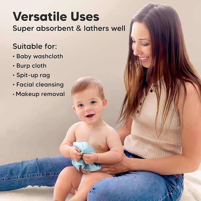 6-Pack Soft Baby Washcloths, Viscose from Bamboo - Kids, Newborn Bath Towels, Infant Shower, Toddler Reusable Face Towel, Gentle on Skin, Face Wash Cloths for Babies, 10x10 (Mellow)