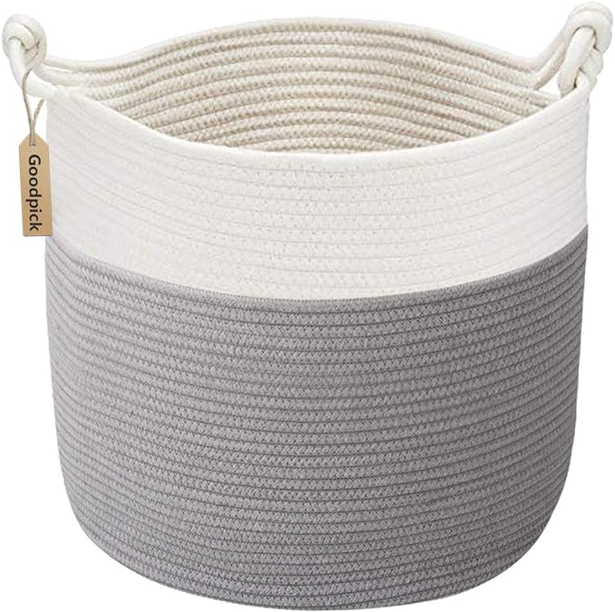 Goodpick Cotton Rope Storage Basket, 15 x 14.2 Inches Baby Laundry Baskets for Clothes, Toy Storage Blanket Basket With Handles for Living Room, Small Woven Baskets for Organizing Home Décor, Grey