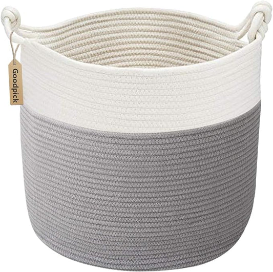 Goodpick Cotton Rope Storage Basket, 15 x 14.2 Inches Baby Laundry Baskets for Clothes, Toy Storage Blanket Basket With Handles for Living Room, Small Woven Baskets for Organizing Home Décor, Grey