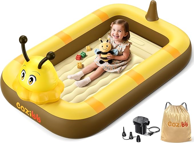 CoziBB Inflatable Toddler Travel Bed, Portable Travel Bed with Flocked Mattress, Built-in Pillow & Carry Bag, 4 Side Safety Bumpers for Toddlers-Cute Bee