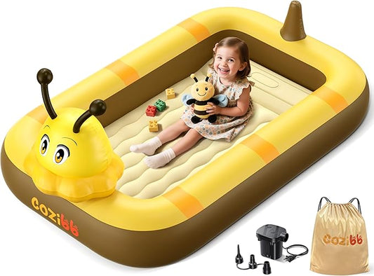 CoziBB Inflatable Toddler Travel Bed, Portable Travel Bed with Flocked Mattress, Built-in Pillow & Carry Bag, 4 Side Safety Bumpers for Toddlers-Cute Bee