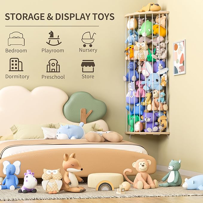 Stuffed Animal Storage Wood Corner Plush Toys Holder with Star Pattern, Length Adjustable Hanging Stuffed Animal Toy Organizer Shelf for Nursery Play Room Bedroom Kid Room