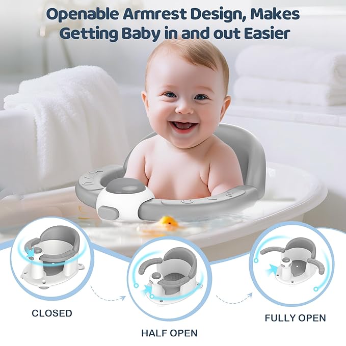 Baby Bath Seat for Babies 6 Months & up, Soft Cushion, Non-Slip Baby Bath Seat, Safe & Comfortable Baby Bath Support, for Bathtub/Living Room/Shower Room (Grey)