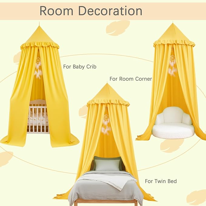 Akiky Kids Bed Canopy for Crib & Twin Size with Ruffles Dreamcatcher, Boys Princess Girls Nursery Room Decor Toddler Baby Dome Round Hanging Tent Curtains Skirt Over Bed Reading Nook Play Yellow