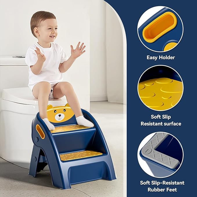 TPN Toddler Step Stool for Bathroom Sink and Potty Training Durable Anti-Slip,Anti-Tip A-Frame,10-Second Assembly, 2-Step Potty Stool with Wide Steps (Navy Blue)