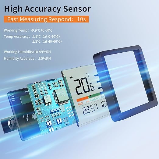 NOKLEAD Hygrometer Indoor Thermometer, Desktop Digital Thermometer with Temperature and Humidity Monitor, Accurate Humidity Gauge Room Thermometer with Clock (Black)