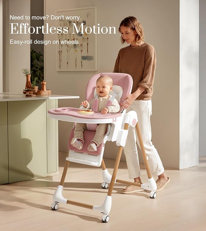Mallify Foldable High Chairs for Babies and Toddlers, 3-in-1 Convertible Baby High Chair with Removable Soft Cushion and Tray, Adjustable Height & Recline, Lockable Wheels, Pink