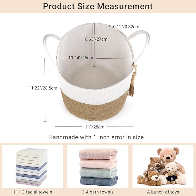 Mkono Woven Storage Basket Decorative Rope Basket Wooden Bead Decoration for Blankets,Toys,Clothes,Shoes,Plant Organizer Bin with Handles Living Room Home Decor, 11" W × 11" L, Cream White and Brown