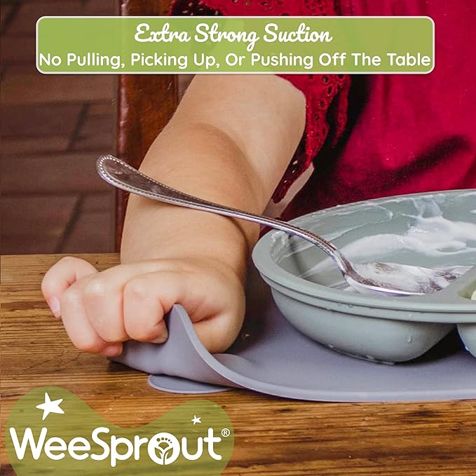 WeeSprout Silicone Suction Placemats for Babies, Toddlers & Kids, Durable Food Grade Silicone with Non-Slip Suction, Raised Edges Contain Mess, Dishwasher Safe, for Dining Table & Restaurants, 2 Pack