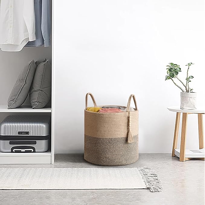 Mkono Woven Storage Basket Decorative Rope Basket Wooden Bead Decoration for Blankets,Toys,Clothes,Shoes,Plant Organizer Bin with Handles Living Room Home Decor, Yellow and Black, 16" W × 13.8"