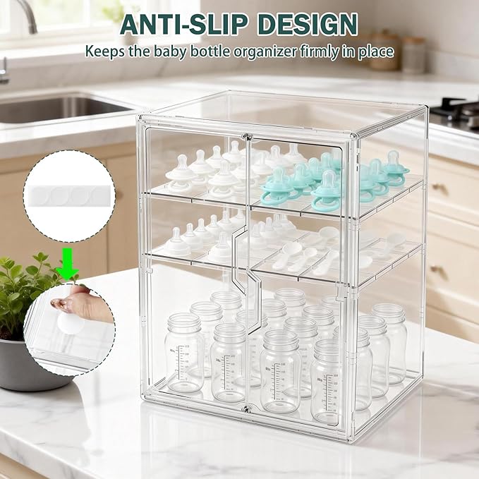 Baby Bottle Organizer, 3-Tier Bottle Storage for Countertop with Double Magnetic Doors, Clear Plastic Bottle Station Organizer with 2 Adjustable Dividers for Kitchen, Bathroom, Cabinet, Vanity