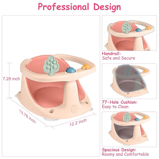 Baby Bath Seat for Babies 6 Months & Up - Bathtub Seats for Babies Sitting Up with Rinse Cup, Non-Slip, Comfortable, Infant Bath Essentials, Pink