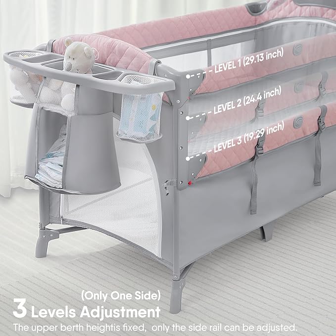 ADOVEL Baby Bassinet Bedside Crib, Pack and Play with Mattress, Diaper Changer and Playards from Newborn to Toddles, Pink