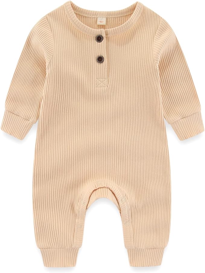 Newborn Baby Boys Girls One Piece Romper With Mitten Cuffs 3 Pack Long Sleeve Ribbed Button Jumpsuit Outfit Clothes