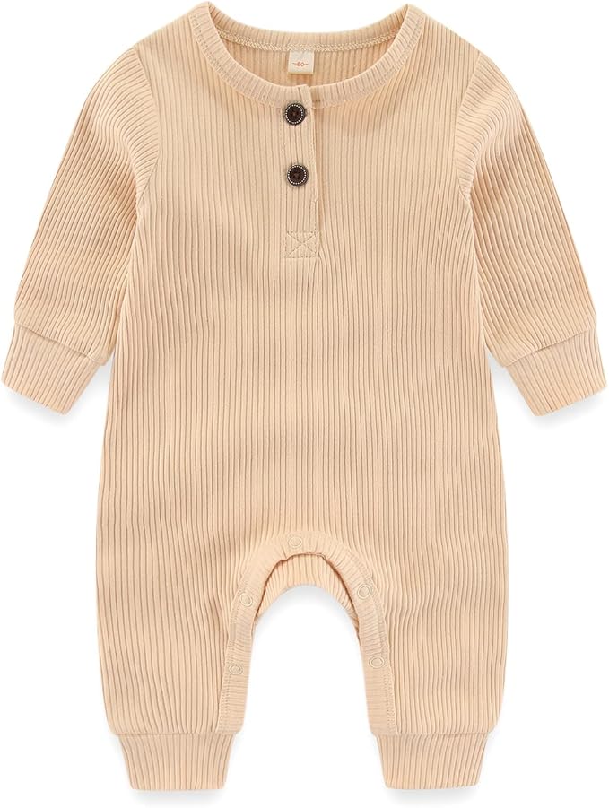Newborn Baby Boys Girls One Piece Romper With Mitten Cuffs 3 Pack Long Sleeve Ribbed Button Jumpsuit Outfit Clothes