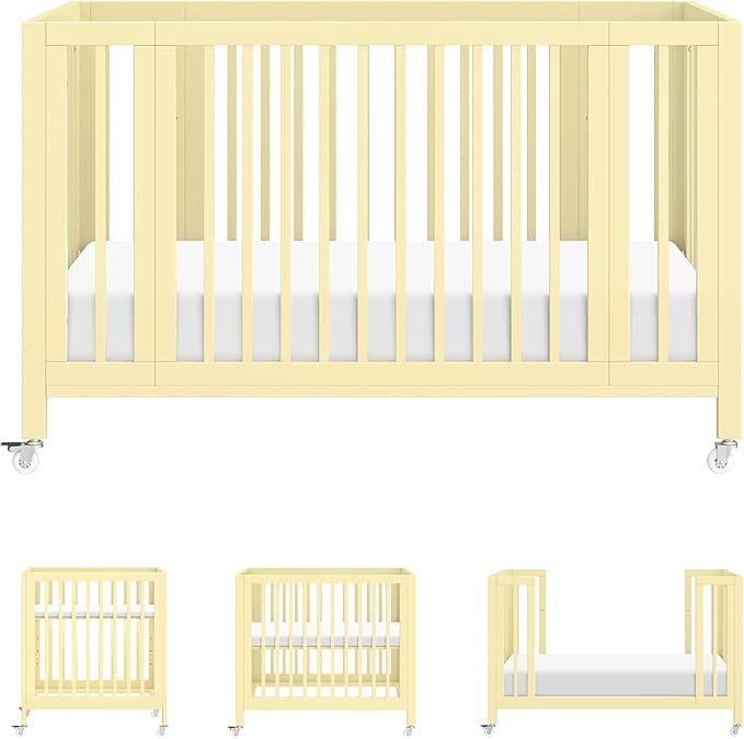 Babyletto Rolli 9-in-1 Convertible Baby Crib with Wheels - Includes Conversion Kits for Bassinet, Standard Crib, Toddler Bed, Daybed & Junior Bed - GREENGUARD Gold - 3 Adjustable Heights - Pale Yellow