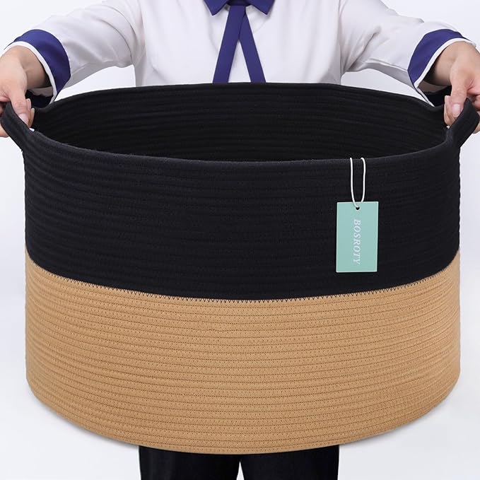 Extra Large Blanket Basket 87L, Laundry Hamper, Baby Nursery Hamper for Storage Toys Clothes Towels, Large Cotton Rope Laundry Basket for Girls Boys, 22”x 14”, Black & Jute