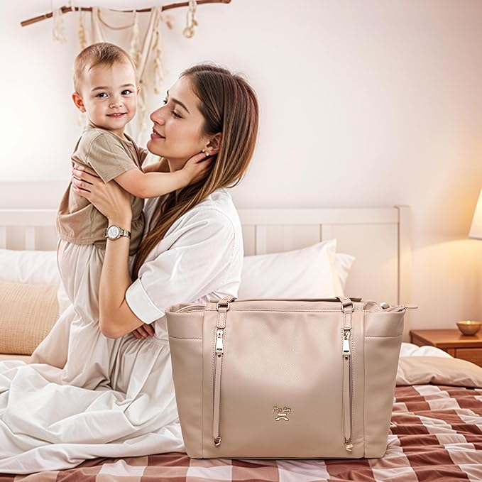 miss fong Diaper Bag Tote Leather Diaper Bag Backpack, Large Capacity Mommy Bag Hospital Bag, 12 Pockets Travel Diaper Tote with Changing Pad，Stroller Straps & Insulated Pockets for Mom & Dad-Khaki