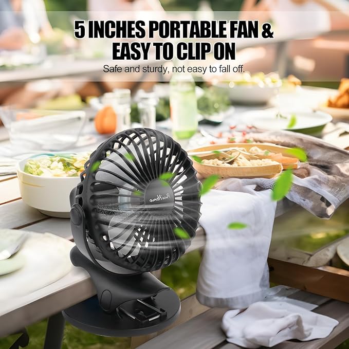 Portable Clip Fan Battery Operated,3 Speeds USB Rechargeable Mini Table Fan with Strong Airflow,360°Rotation Ultra Quiet Personal Desk Fan for Home Office Bedroom Dorm Stroller Camping(Black)