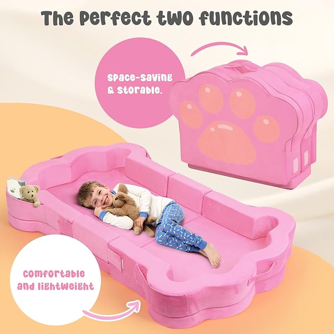 Foldable Portable Toddler Travel Bed,Toddler Floor Bed with Washable Cover for Kids,Soft and Safe (Pink)