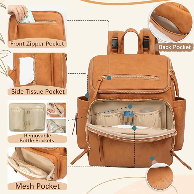 Diaper Bag Backpack Large Baby Diaper Bag Leather with 17 Diaper Bag Organizing Pouches,Changing Pad,Stroller Straps,4 Insulated Pockets,Honey