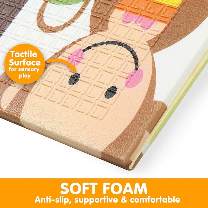 Bammax X-Large Waterproof Foam Padded Baby Play Mat | 1 cm thick Safe Foam Reversible & Foldable | 70" x 78" | Use as Baby Crawling Mat or Kids Play Mat for Floor - Giraffe & Mixed Animals